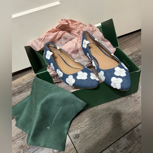 Anthropologie Dark Denim White Floral Applqe Ballet flats shoes TJL-20-6 - Picture 3 of 10